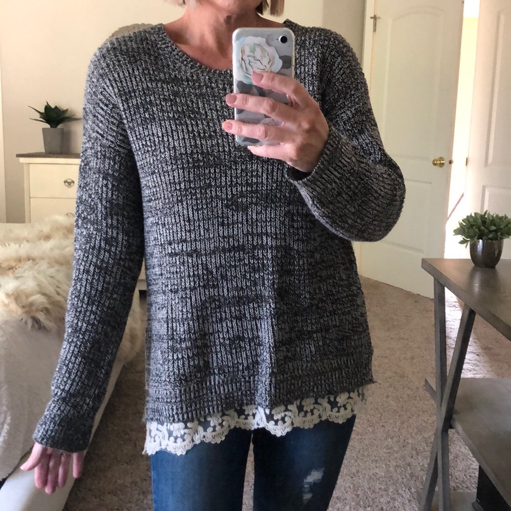 Black and white speckled sweater with lace trim